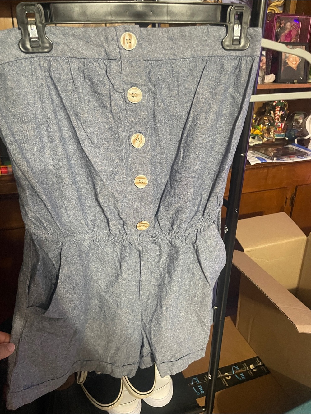 Necessary Objects Chambray Blue Strapless Button-Front Romper